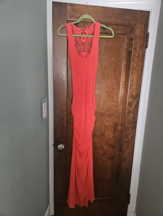 Sky Dresses & Skirts - Sky Coral-Red Sleeveless Maxi Dress with Crochet Lace Back